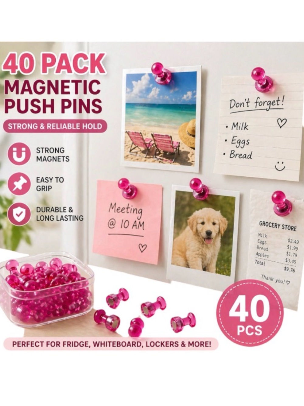 40 Pc Pink Magnetic Push Pins Strong Neodymium Thumbtack Magnets